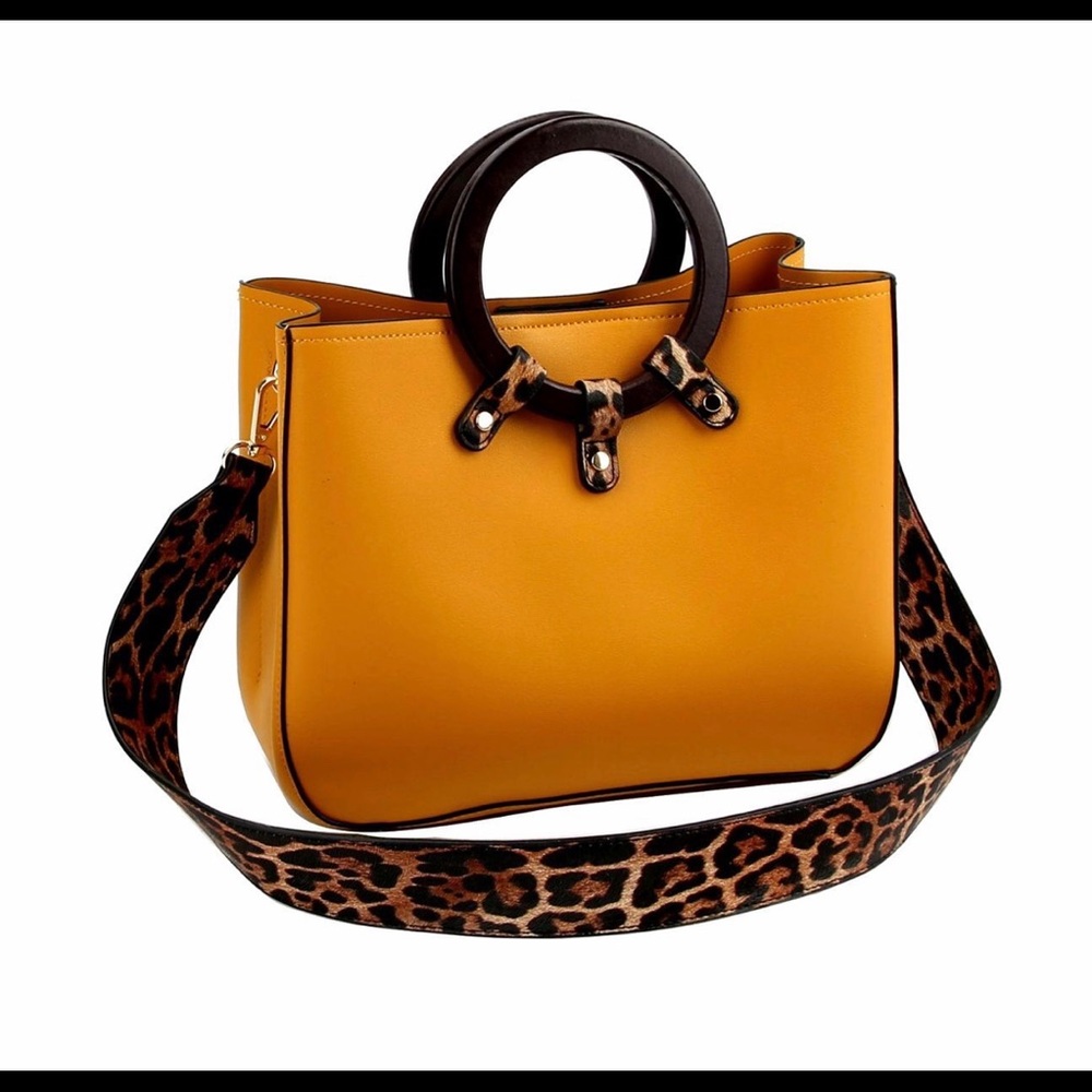 Mustard Vegan Leather Leopard Print Handbag
